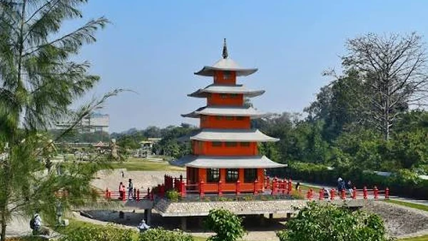 Pagoda and koi pond at the Japanese Garden, near Hotel The Black Gold Chandigarh